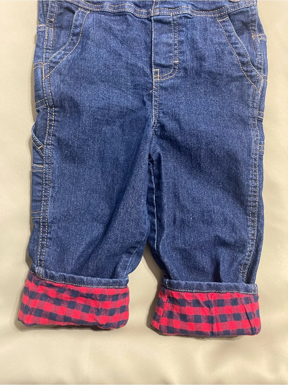 OshKosh B'gosh Dark Blue Denim Overalls with Red Plaid Cuff - Kids